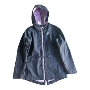 Sz 8-10 REI Kids Drizzler Rain jacket - gray with pink Lining